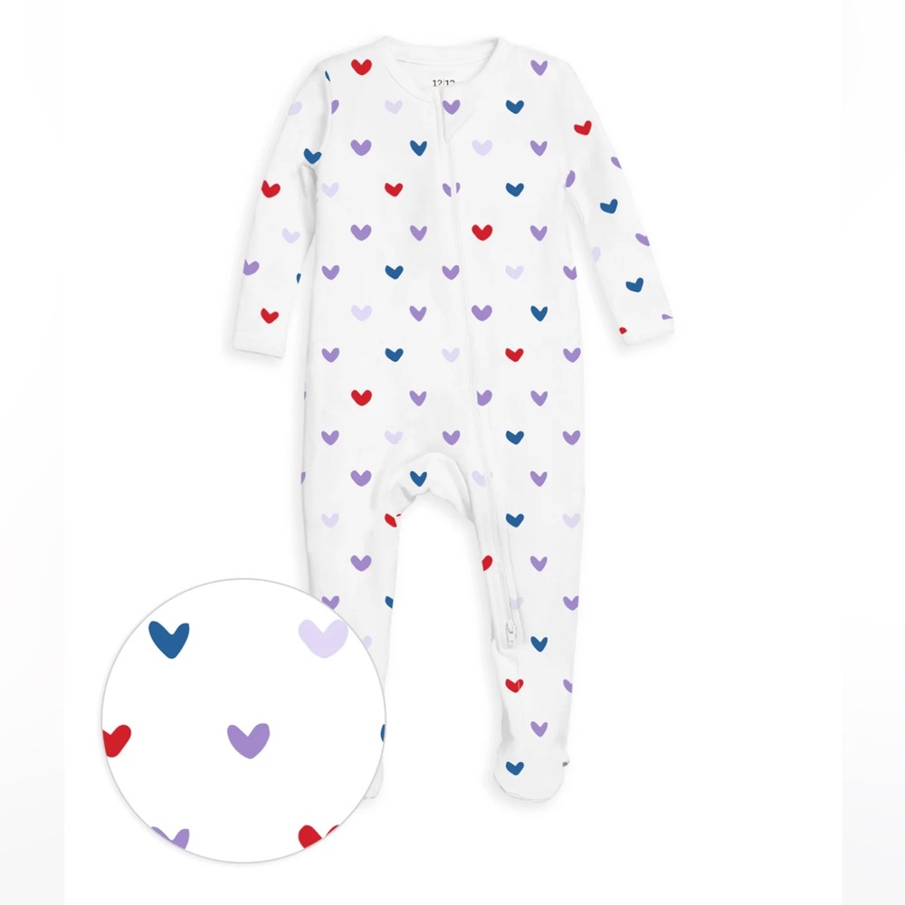 12|12 The Organic Zipper Footie, Lilac Hearts, Sz 3-6